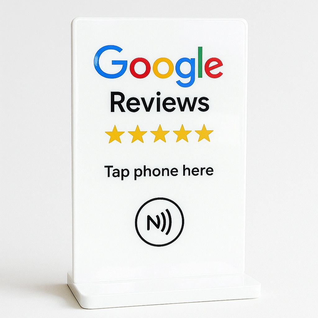 8F5BCBAD-0D15-46AE-A1D5-FC1AF7373D4A NFC Acrylic Google Review Table Stand with Base - Image 1